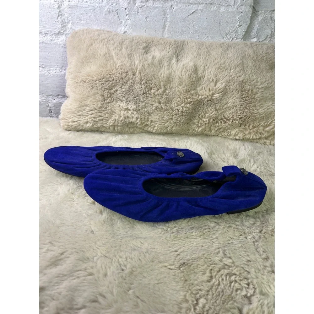 Tory Burch‎ Minnie Travel Ballet Flats Royal Blue Suede Ruched Foldable Womens 8
